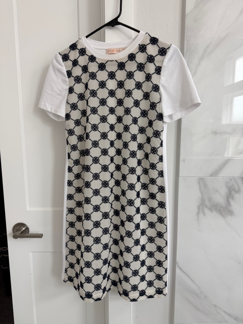 Tory Burch T Monogram Embroidered T-Shirt Dress White Navy Blue